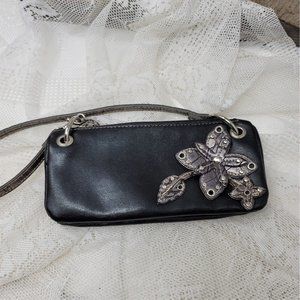 Black Wristlet with Silver Flower Design